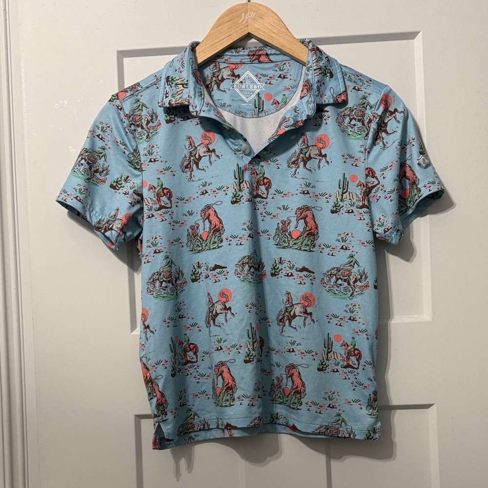 BURLEBO Blue Polo with Coral Desert Graphics